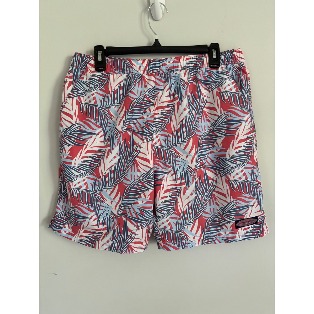 Vineyard Vines Mens Swim Trunks Medium Red White Blue Tropical Palm Leaf Print